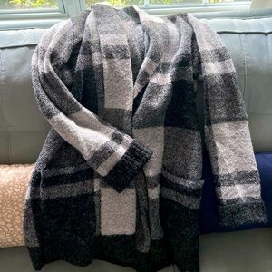 Super cozy black, white,gray blazer. dress this up with dresses & black pants!